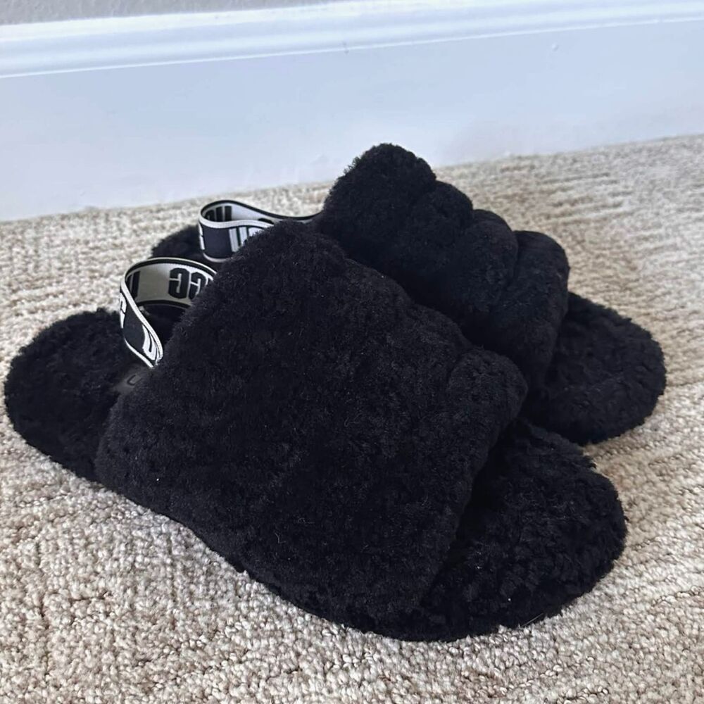 UGG Fluff Yeah Slide Black Elastic Strap Slipper Sandal Size 6 Cozy Loungewear